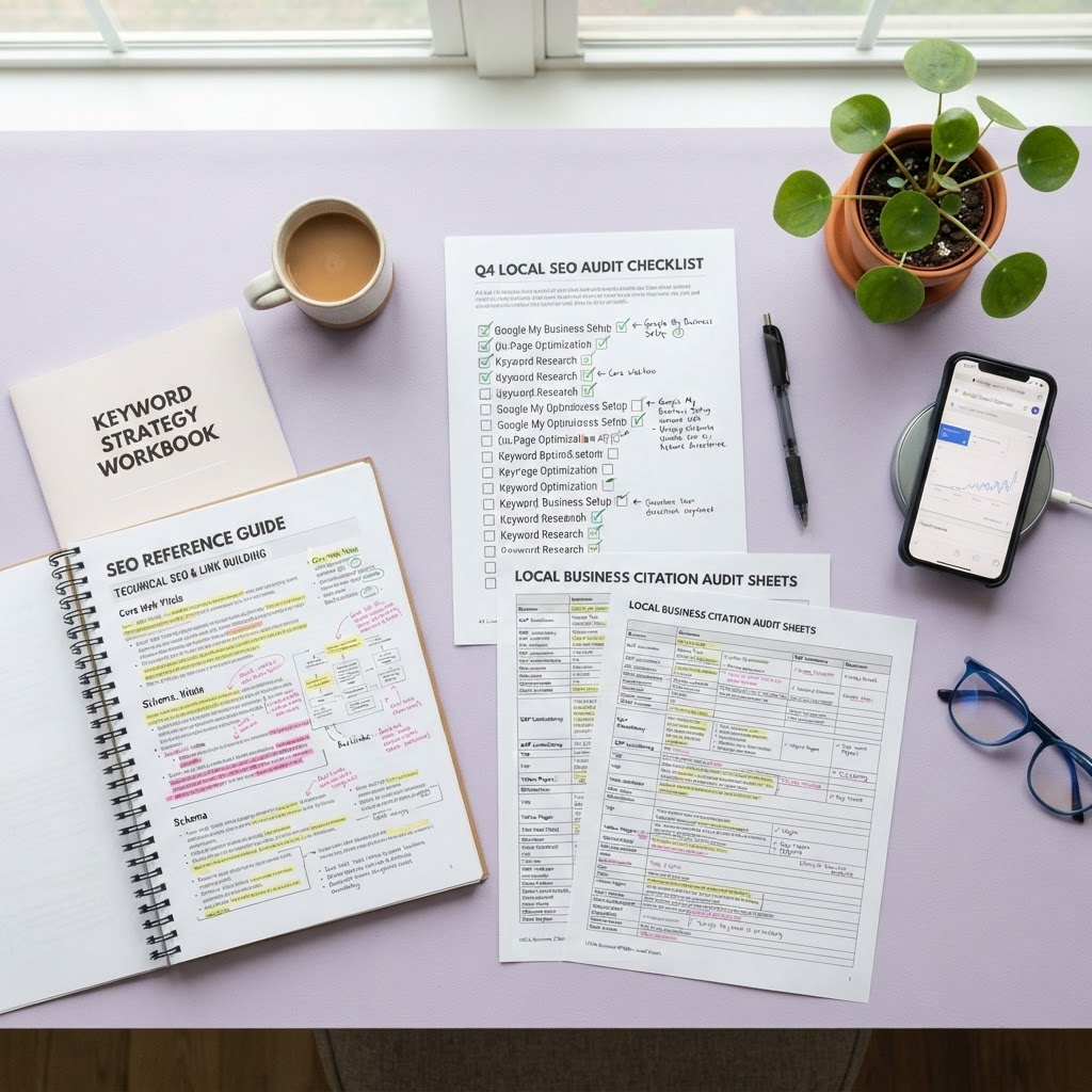 Structured audit documents and local SEO study materials laid out on a desk