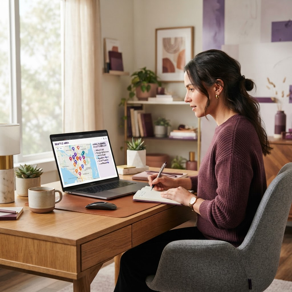 Person working from home on a local SEO audit with a map and checklist on screen