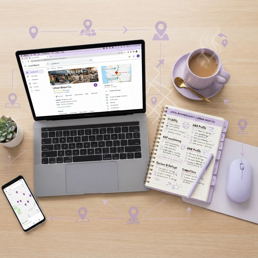 Workspace with structured audit notes and local business listing research on a laptop