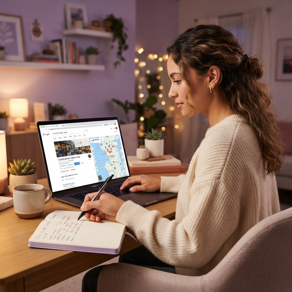 Person researching a local business listing on a laptop with notes and a map view